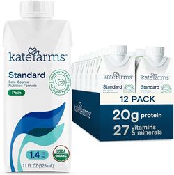 KATE FARMS Organic 1.4 High Calorie Nutrition Shake, Plain, 20g Protein, 27 Vitamins and Minerals, Meal Replacement, Protein Shake. 11 oz Each 12 Pack