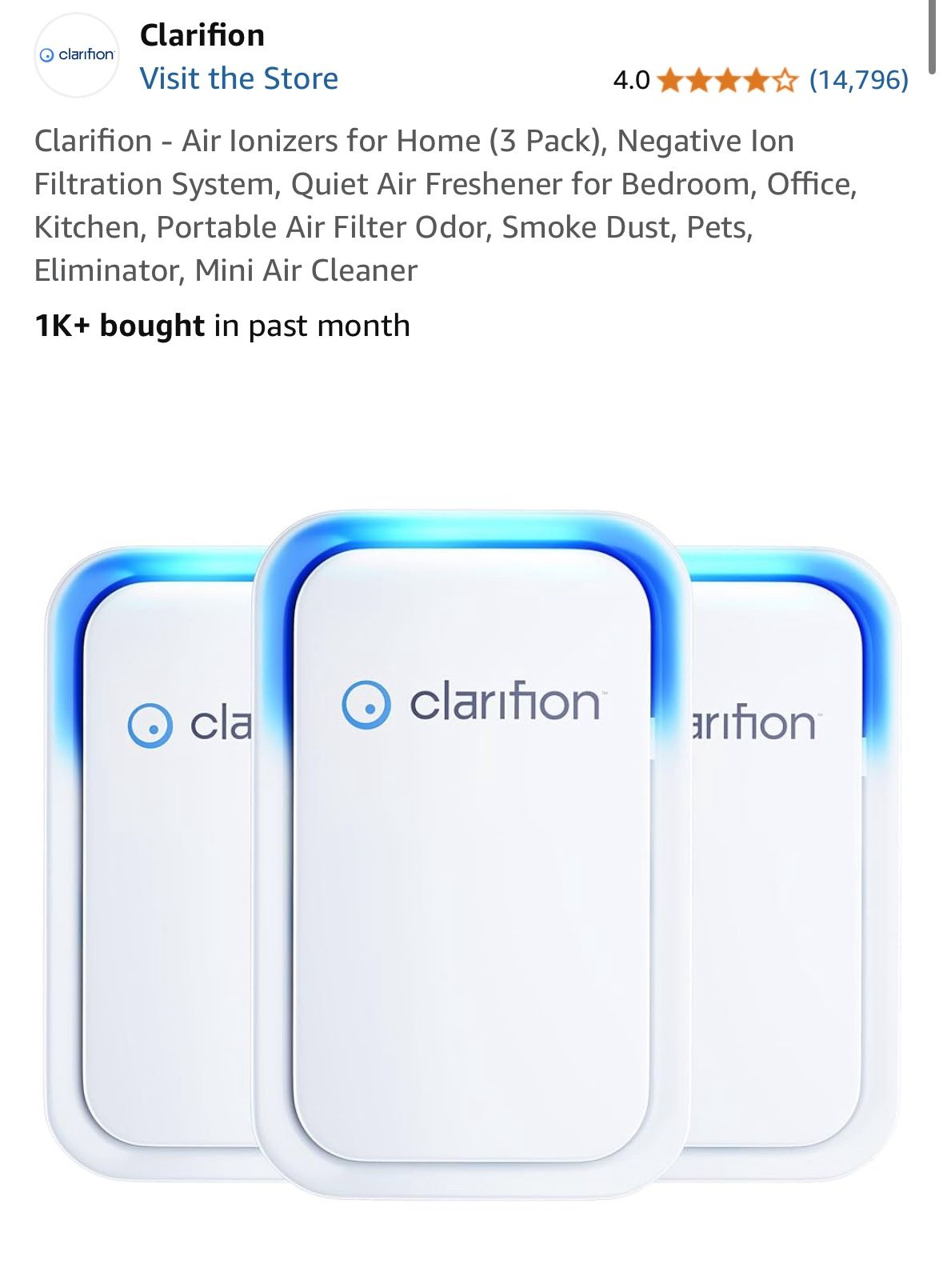 Clarifion - Air Ionizers for Home (3 Pack), Negative Ion Filtration System, Quiet Air Freshener for Bedroom, Office, Kitchen, Portable Air Filter Odor