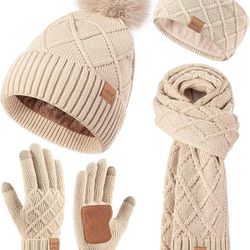 Womens Winter Hat Gloves Scarf Headband Set, Pom Pom Beanie Long Scarf Touchscreen Gloves Ear Warmer, 4 in 1 Warm Gift Set
