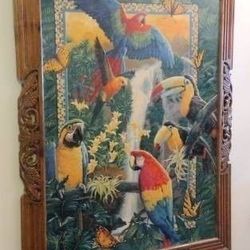 VTG 52×44 Craft Art Carved Grapevine Wood Framed Waterfall Forest Parrots