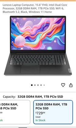 Lenovo Laptop Computer, 15.6" FHD, Intel Dual Core Processor, 32GB DDR4 RAM, 1TB PCIe SSD, WiFi 6, Bluetooth 5.2, Black, Windows 11 Home