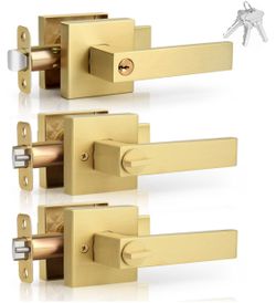 Gold Door Handles with Lock and Key 3 Pack, Brushed Gold Interior Exterior Keyed Entry Door Handles, Heavy Duty Square Gold Door Levers for Bedroom/Ba