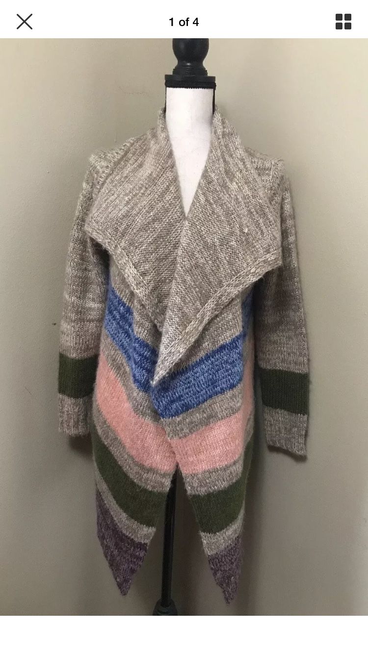 Long Draped Multicolor Stripe Open Front Knit Cardigan Sweater Sz M