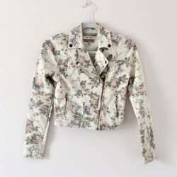 Denim Floral Print Biker Jacket Size XS