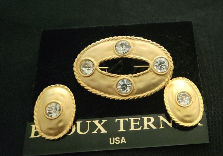 Bijoux Terner Antique Gold Tone&Rhinestone Earrings(1")& Brooch Pin (1.75") USA
