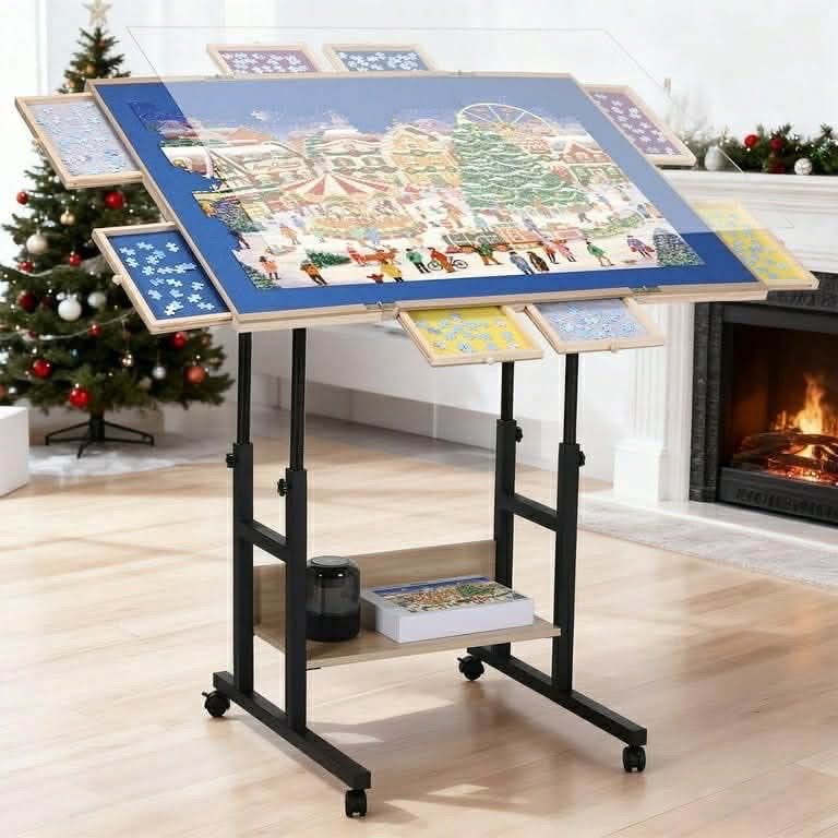 New-2000 Pieces Puzzle Table with 4 Wheels, Adjustable Jigsaw Table in Height Angle with Cover Upgraded Stability