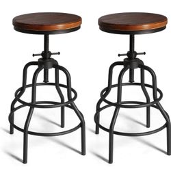 LOKKHAN Vintage Industrial Barstools - 13.8" Dia Round Wooden Brown Seat - Black Metal Base - Adjustable Height: 23.6"-29.5" / Minimalist Design/Raw R