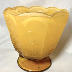 UNIQUE VINTAGE AMBER GRAPE BOWL SCALLOPED PEDESTAL FROSTED GLASS CANDY DISH see pics for scratches