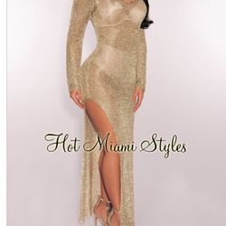 Gold Metallic Sheer Net Slit Long Sleeves Maxi Dress S/M