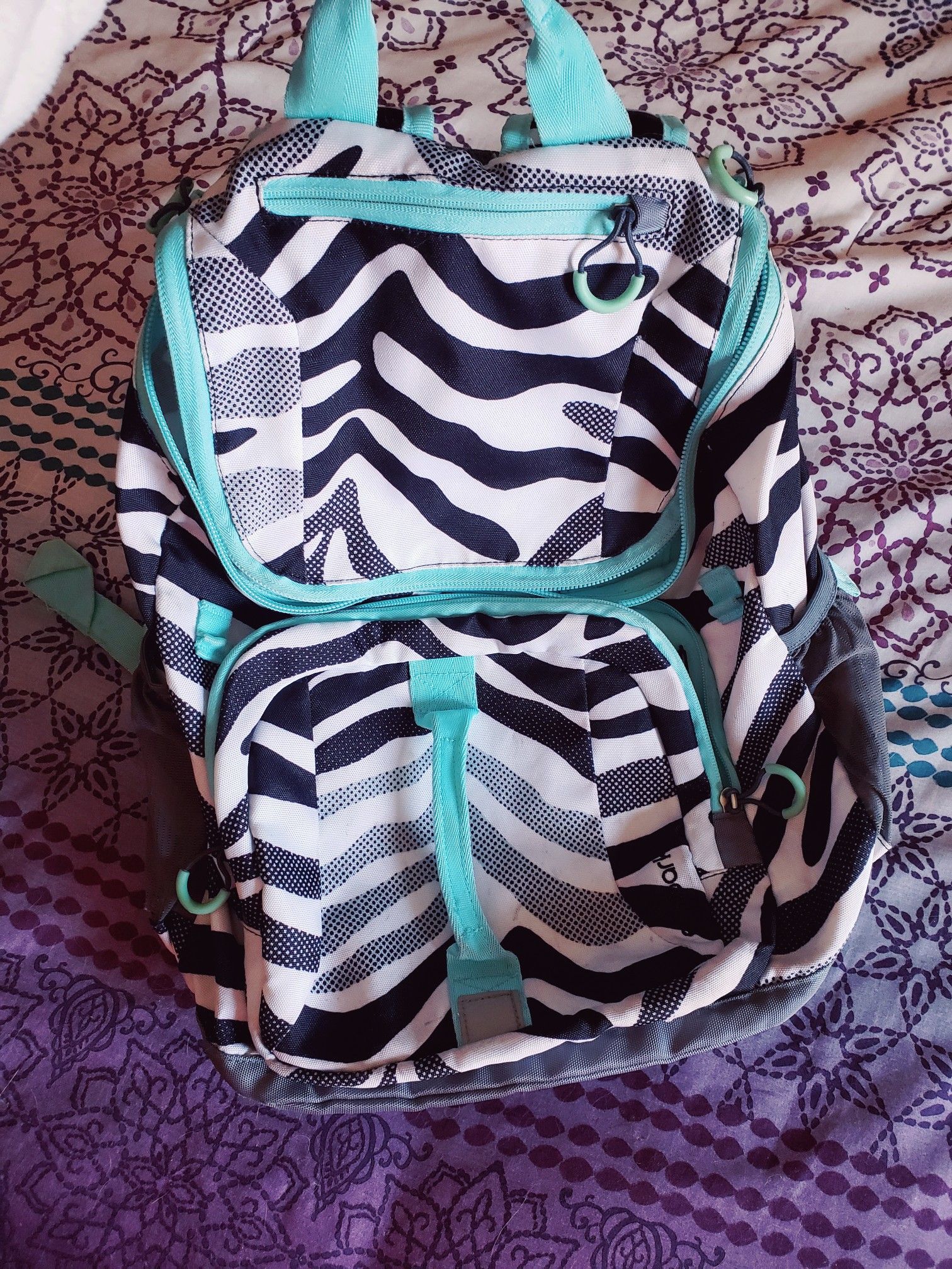 Zebra Print Backpack with Teal Trim & Interior