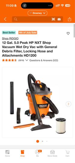 RIDGID 12 Gal. 5.0 Peak HP NXT Shop Vacuum Wet Dry Vac with General Debris Filter, Locking Hose and Attachments HD1200