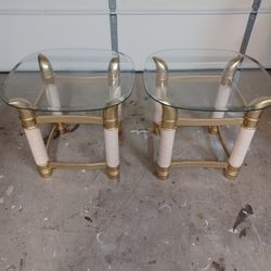 2 MCM Ivory & Gold Faux Tusk Horn Glass Top Tables