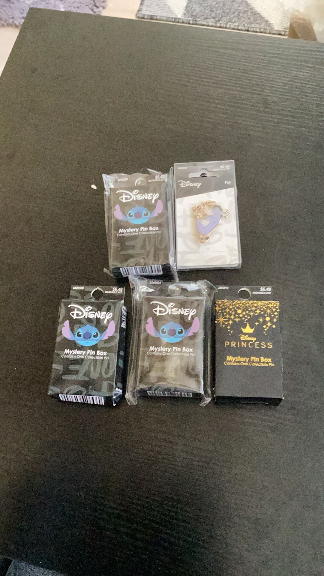  4 Disney Mystery Pin Boxes  3 /Stitch  1/Disney PrincessAnd Eeyore Stay Golden Pin