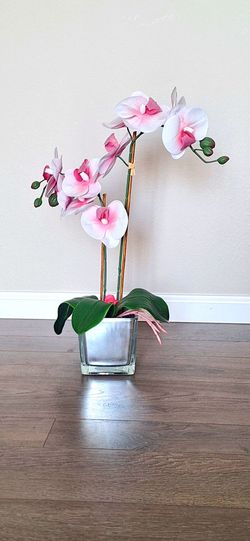 Faux Pink Orchid Arrangement in Glass Pot