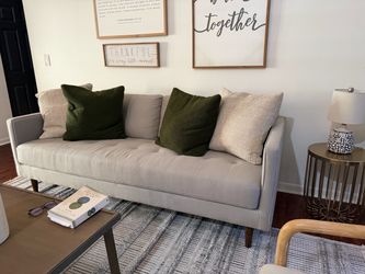 Light Gray Tufted Mid-Century Modern Sofa and two chairs