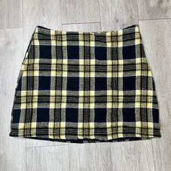 Gilli Y2K Womens Pencil Mini Skirt Black and Yellow Tweed Plaid, Lined Size L