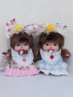 Monchichi Bag Charm Dolls Pink and Blue Dress $20 each