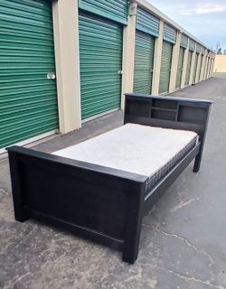 BLACK WOOD BED FRAME WITH MATTRESS