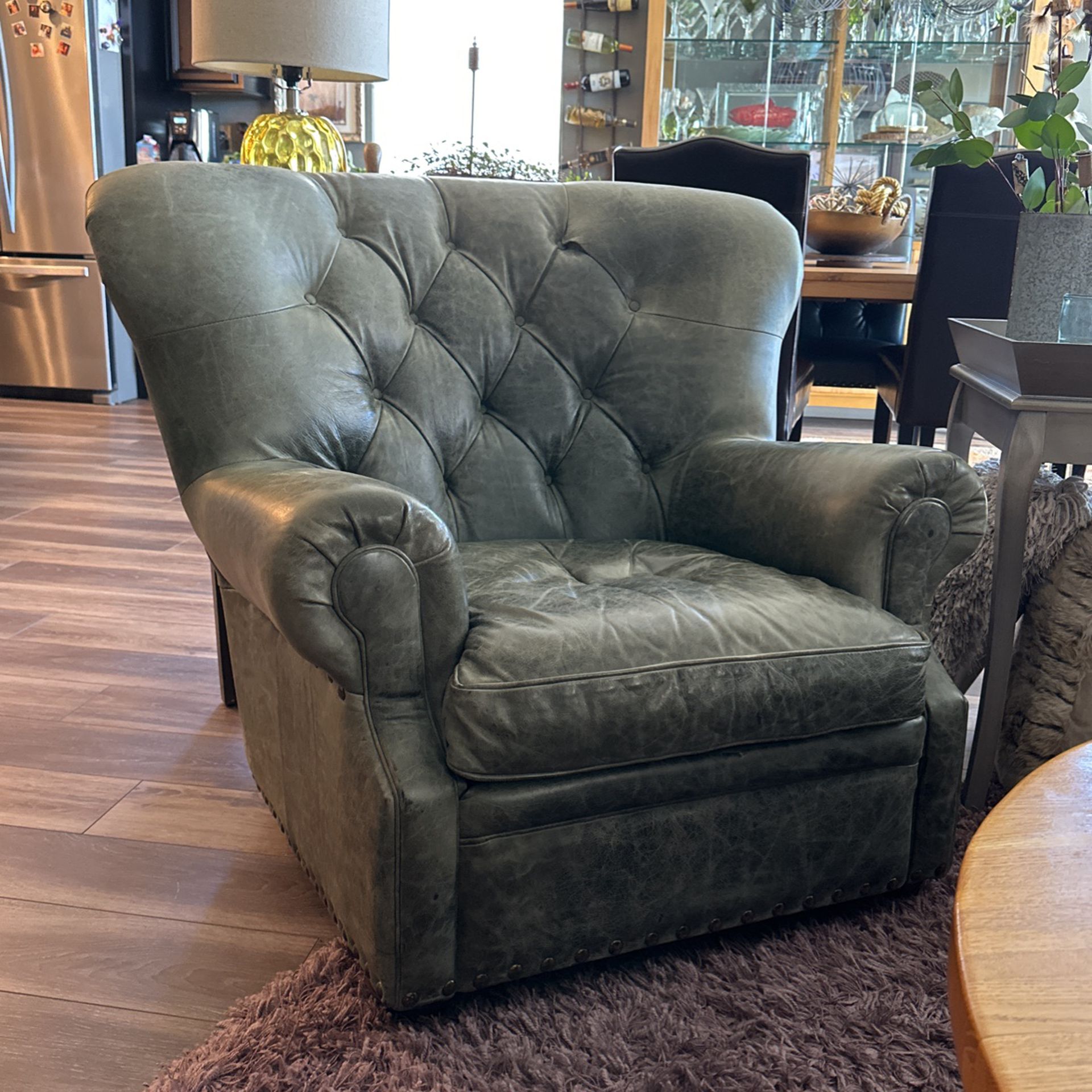 Gorgeous Green Vintage Leather Wingback Armchair & Ottoman 