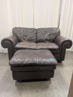Dark Brown Leather Rolled Arm Couch with matching Ottoman