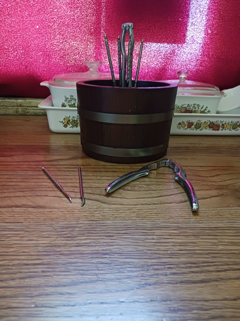 Vintage Wooden Barrel Nut Bowl With Tools