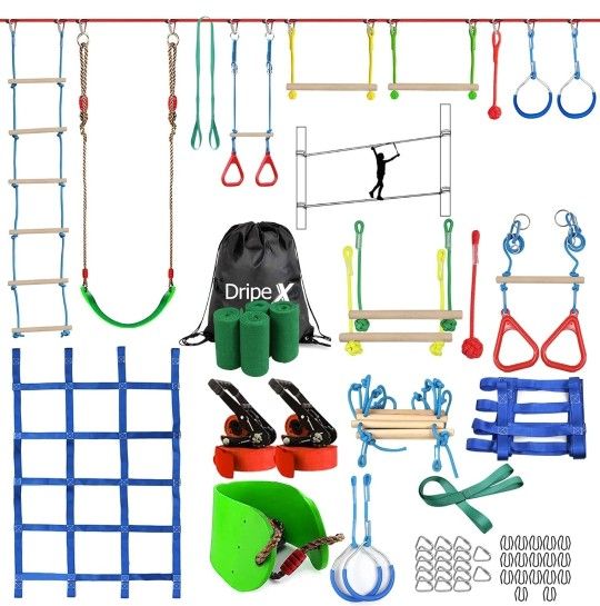 Ninja Warrior Obstacle Course for Kids Backyard - 2×50ft Slackline Kit with 10 Most Complete Accessories for Boys & Girls, Swing, Rope Ladder, Gymnast