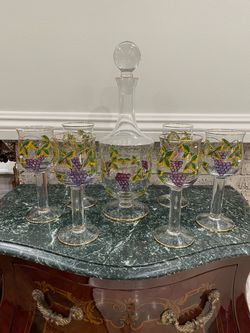 Beautiful Italian Hand-Painted Grape Decanter and 6 Wine Goblet Glass Set🌷Never Used