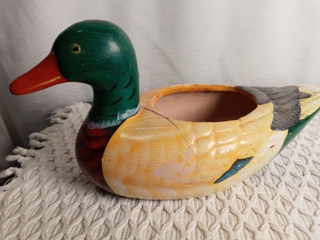 Vintage Mallard Duck Fowl Ceramic Planter Bowl Hand Painted RUSTIC CABIN DECOR 