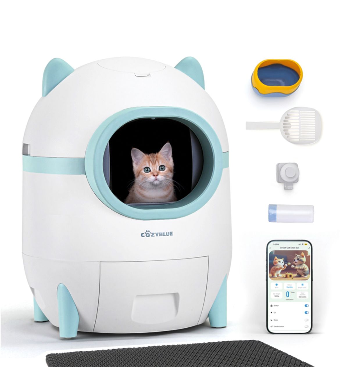 Brand new in box. COZYBLUE Smart Automatic Self Cleaning Cat Litter Box | 100% Safety Monitoring 24/7 | Extra Large | Mobile App Control | Bonus Mat,