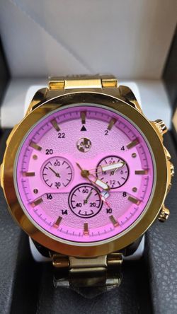 Brandnew 50mm  pink face with gold band stainless steel watch and a iced out 22' pink necklace