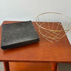 Modern Minimalist Black & Gold Speckled Plate Set with Wire Basket – Chic Decor