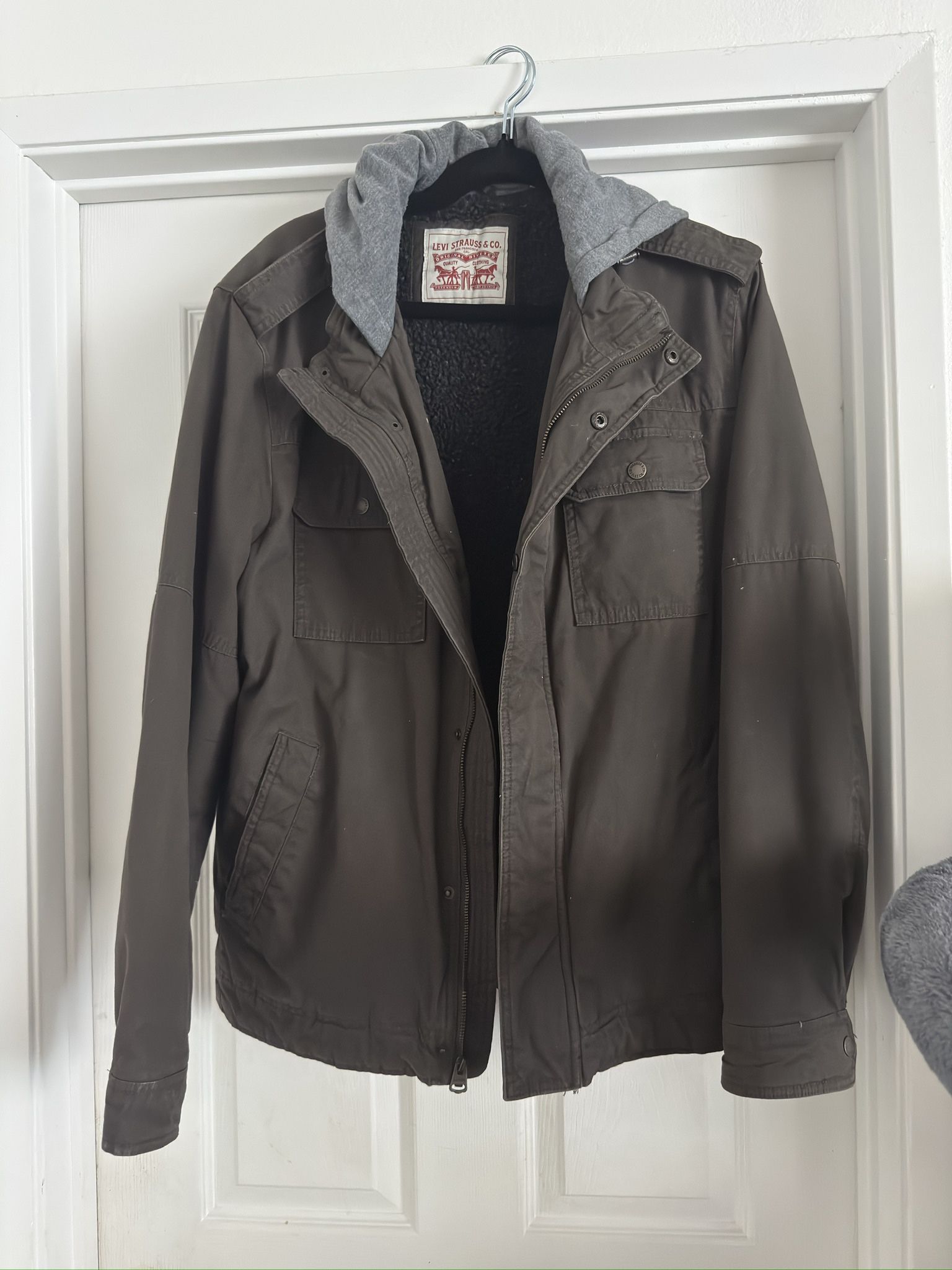 Levis Sherpa Lined Trucker Jacket Olive Green Full Zip Hoodie