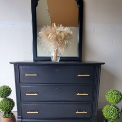 Short Dresser With Mirror Refinished Black And Gold Pulls All Wood 