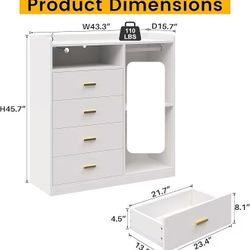 🥨Dresser with Clothes Rack for Bedroom Wood, 4 Drawer Dresser White with LED Lights, Tall Storage Chest of Drawers with Flexible Shelf,White