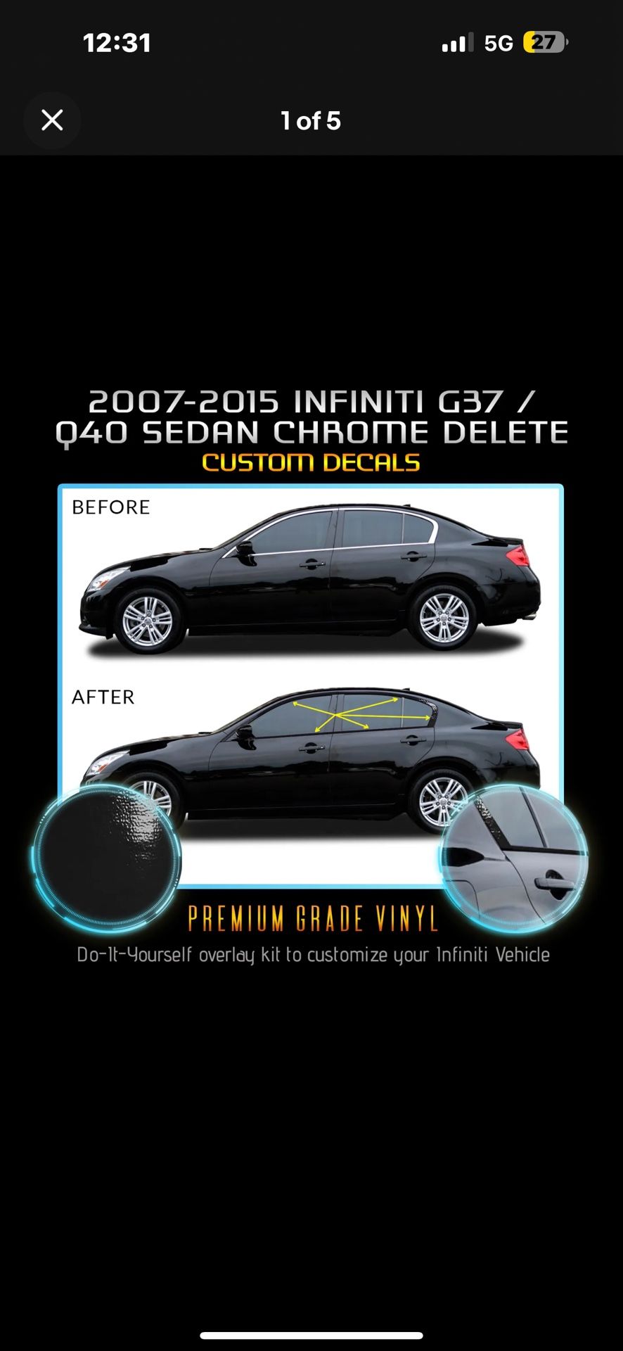 07-15 Infiniti G35 G37 Sedan Window Chrome Delete Blackout Glossy Black