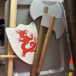 Renaissance Festival Wooden Weapons Set – Sword, Shield, Axe, & Double Axe 
