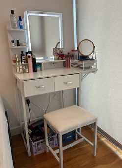 White Vanity Set with LED Mirror & Stool