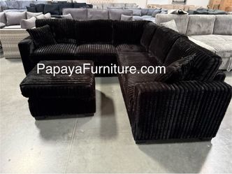 New Plush Black Sectional Sofa And Ottoman, Sectionals, Sofa, Couch, Plush Sectional, High Back Couch, Sofas, Black Sectional, Black Sofa, Black Couch