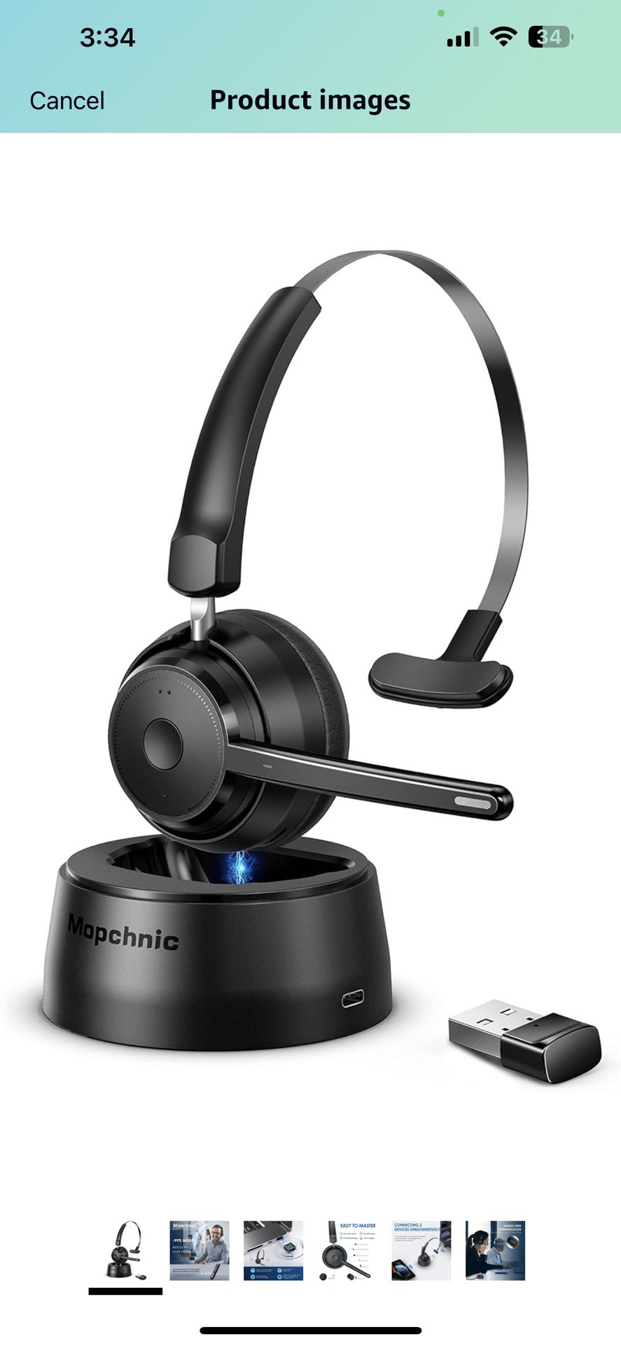 Bluetooth Headset, Wireless Headset with Upgraded Microphone AI Noise Canceling, On Ear Bluetooth Headset with USB Dongle for Office Call Center Skype