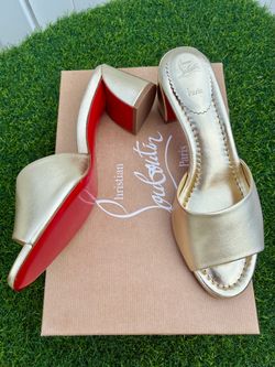 CHRISTIAN LOUBOUTIN JANE MULE 55 PALE GOLD LEATHER MID-BLOCK HEEL SANDALS SZ 40