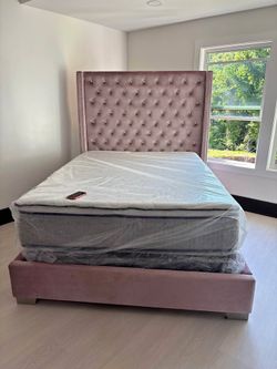 🩷 Brand new upholstered diamond tufted pink velvet king and queen size tall headboard | opt mattress + box spring | Pay after delivery 🚚