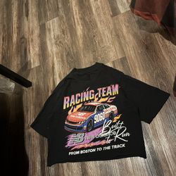 Black cropped racing tee with multi-coloured graphics #racingtee  black, cropped, graphic, racing, multicolor, vintage-inspired, streetwear, athletic,