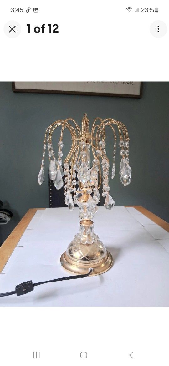 17" Swarovski Style Crystal & Gold Tone Waterfall Table Lamp Vintage Works READ