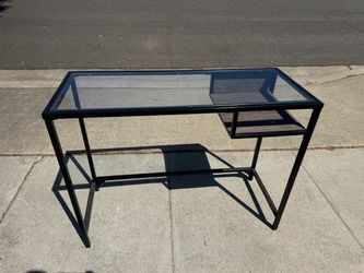 Glass Top Metal Frame Desk with Side Shelf
