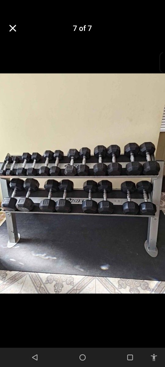 Brand New 5lb Thru 50lb Rubber Hex Dumbbell Set With Hoist Rack