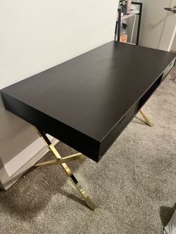 Dark Brown & Gold Vanity Desk + Teal Velvet Storage Ottoman – Set!