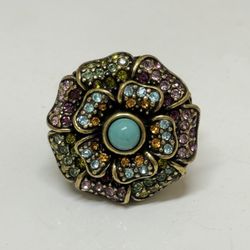 HEIDI DAUS Floral Passion Turquoise Pink Swarovski Crystal Ring Size 6