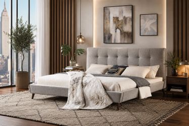 Mid Century Modern Gray Tufted Upholstered Bed Frame Queen Cal King Full Wood Legs Cama Matrimonial