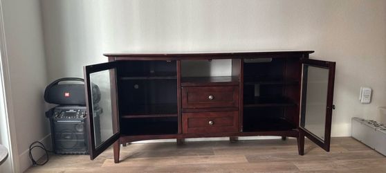 Dark Wood TV Stand with Glass Doors