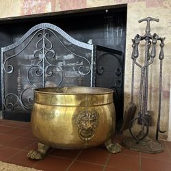 Large Vintage Footed Brass Planter / Wood Bin / Cauldron / Storage Bin